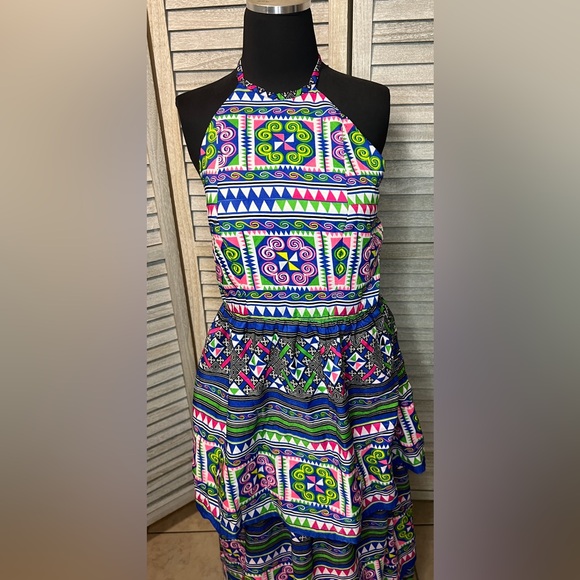 Vintage One of a Kind Geometric Artsy Print Ruffled Halter Backless Maxi Dress - Picture 2 of 13